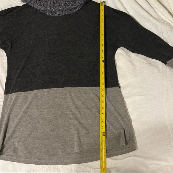 Blue Gray Charcoal Color Block Fuzzy Knit Cowl Neck Hip Length Top - Picture 11 of 12